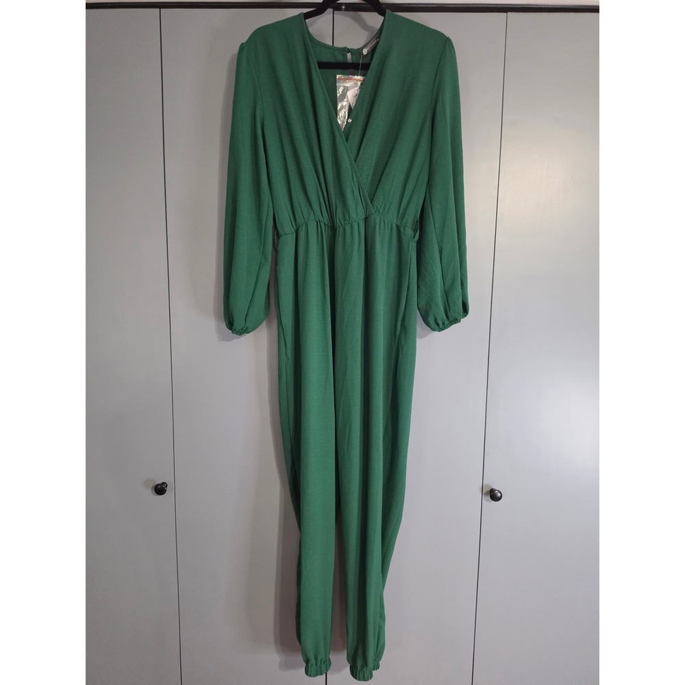 NWT Prettygarden Jumpsuit Medium Green Long Sleeve V-Neck Wrap Elastic Waist